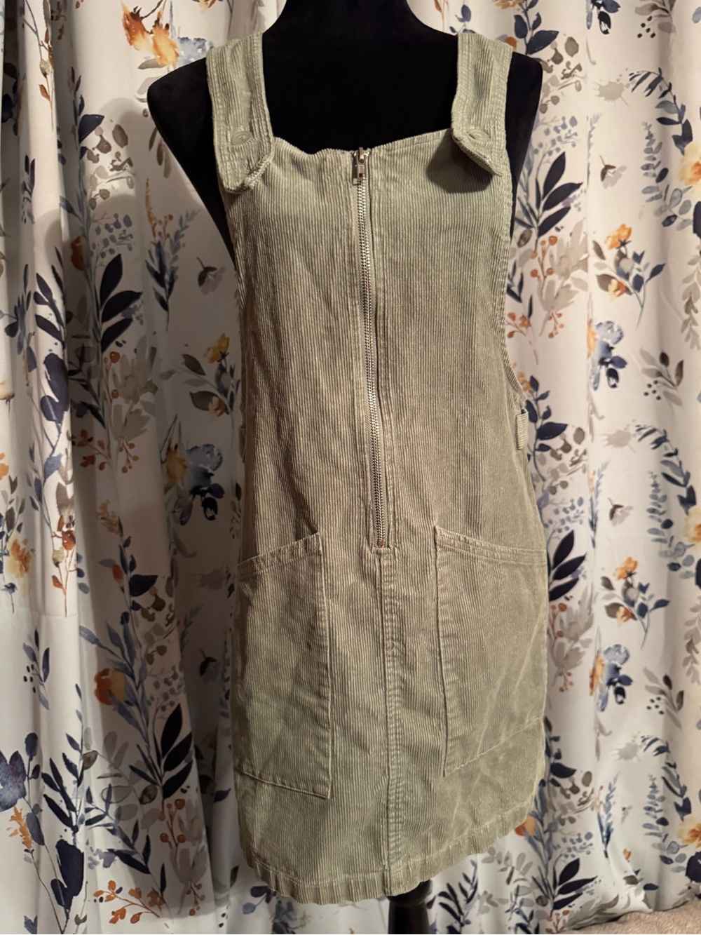 wild fable Sage Green Corduroy Zip-Front Mini Pinafore Dress B5
